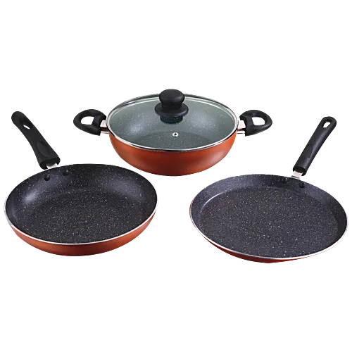 Greenchef | Non-Stick Cookwares | Canva IB N/S 3 pcs Gift Set (Tawa 250 mm + Fry Pan 240 mm + Kadai 240 mm with Glasslid)
