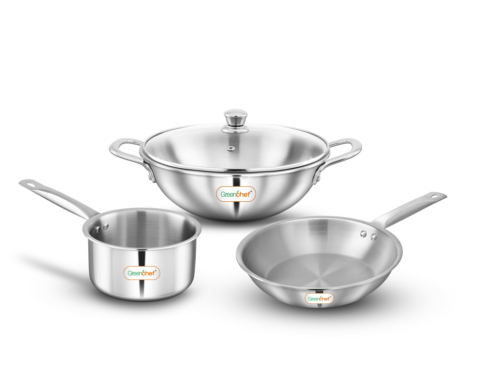 Greenchef | Stainless Steel Cookwares | Steeliq Stainless Steel 3 pcs Gift  set (Fry Pan 220 cm + Kadai 220 cm with Glasslid + Sauce Pan 160 cm)